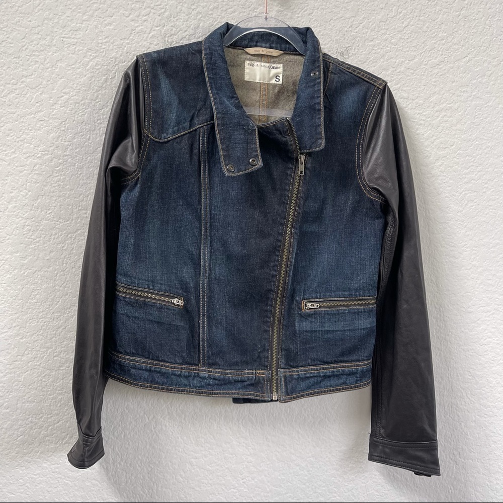 Rag & Bone Zip Front Dark Denim Jacket With Leather Sleeves Size Small